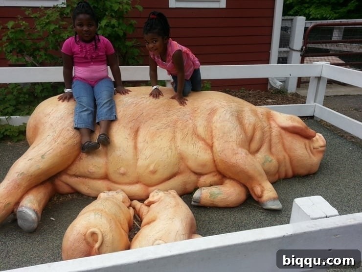 Girls sitting on fake pig statues