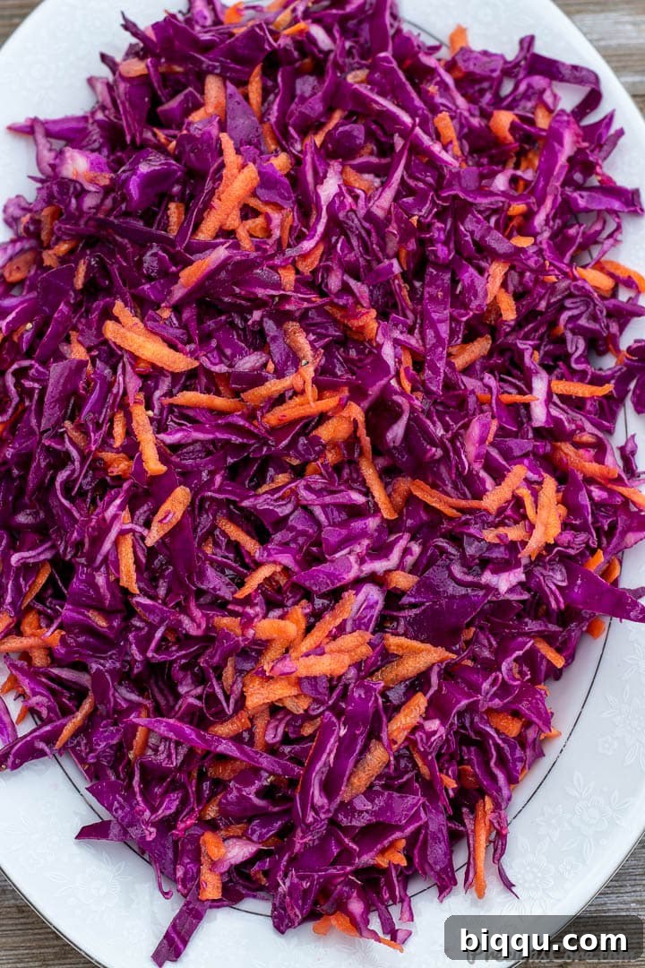 A close-up view of purple cabbage slaw mixed with bright orange carrots, showcasing the texture and rich color of the dish.