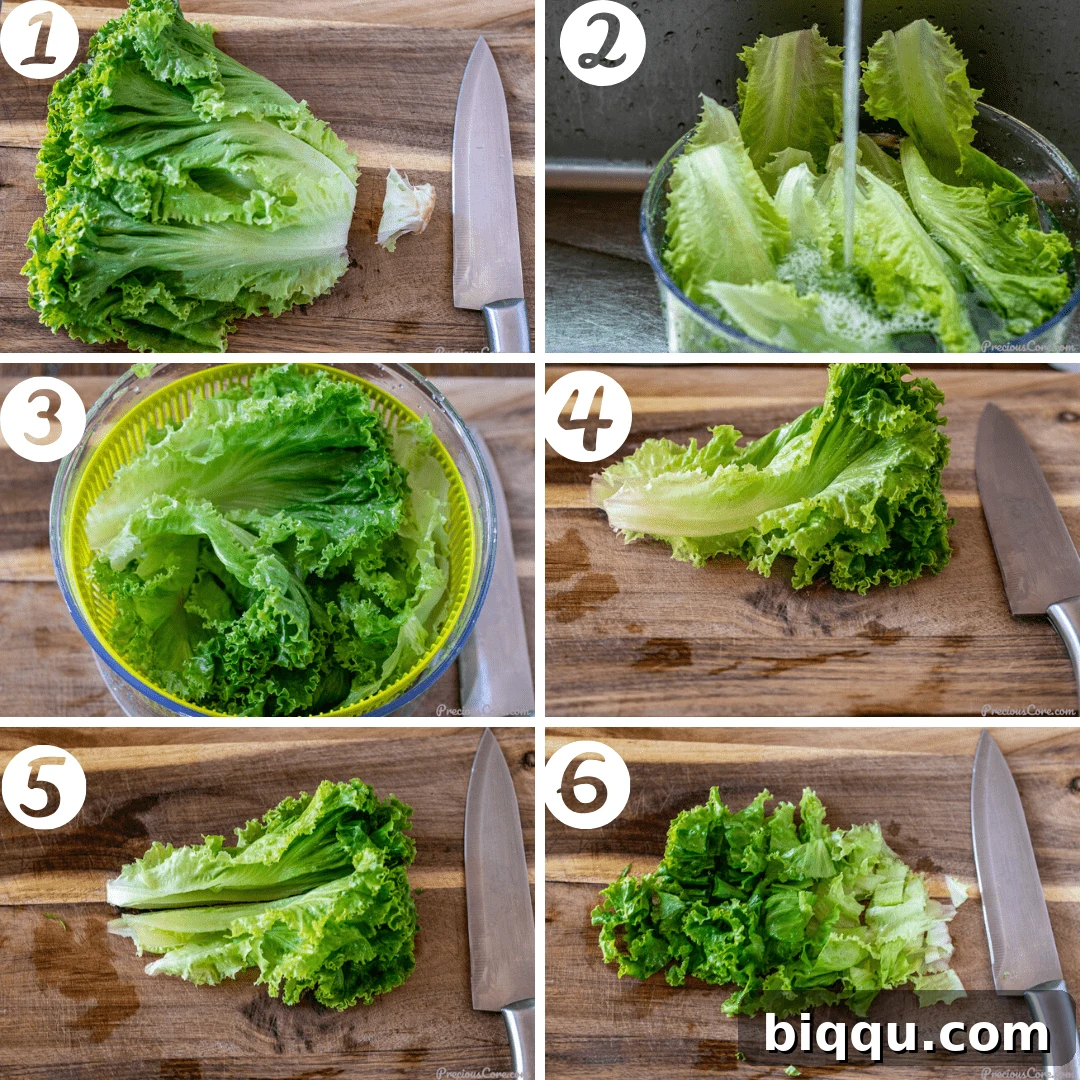 Step-by-step photos illustrating the correct method for cutting lettuce for a crisp salad.