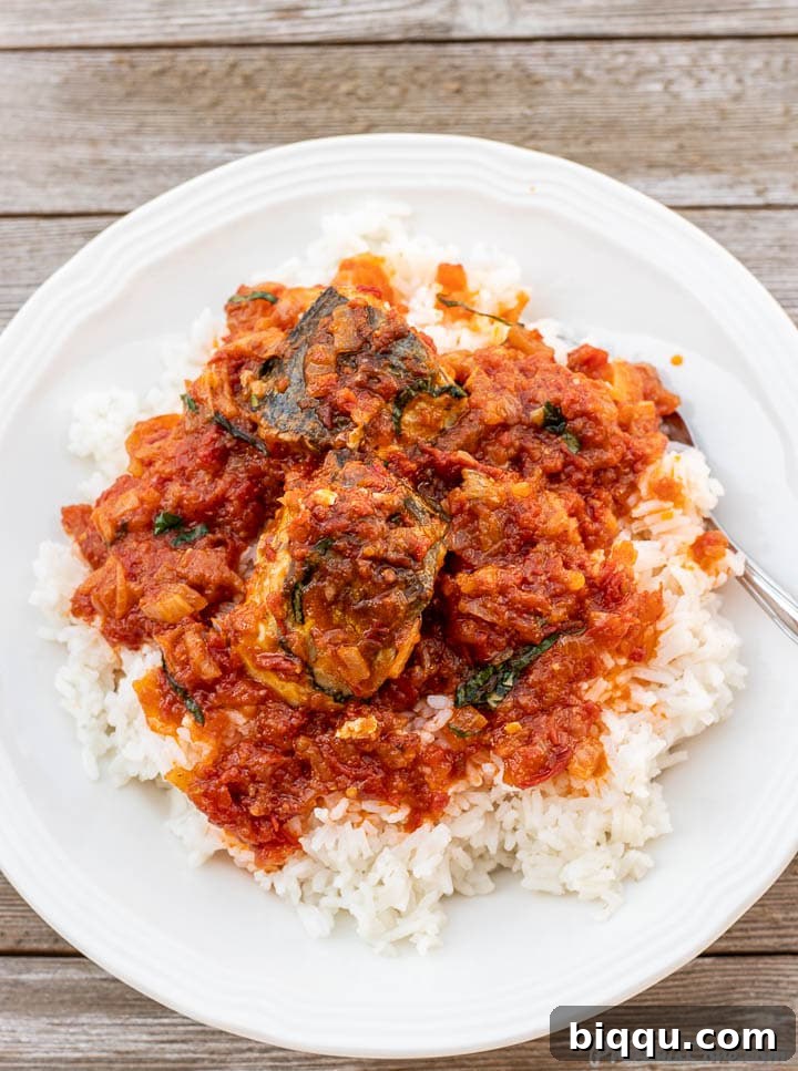 Rice in a plate with fish stew spread on top