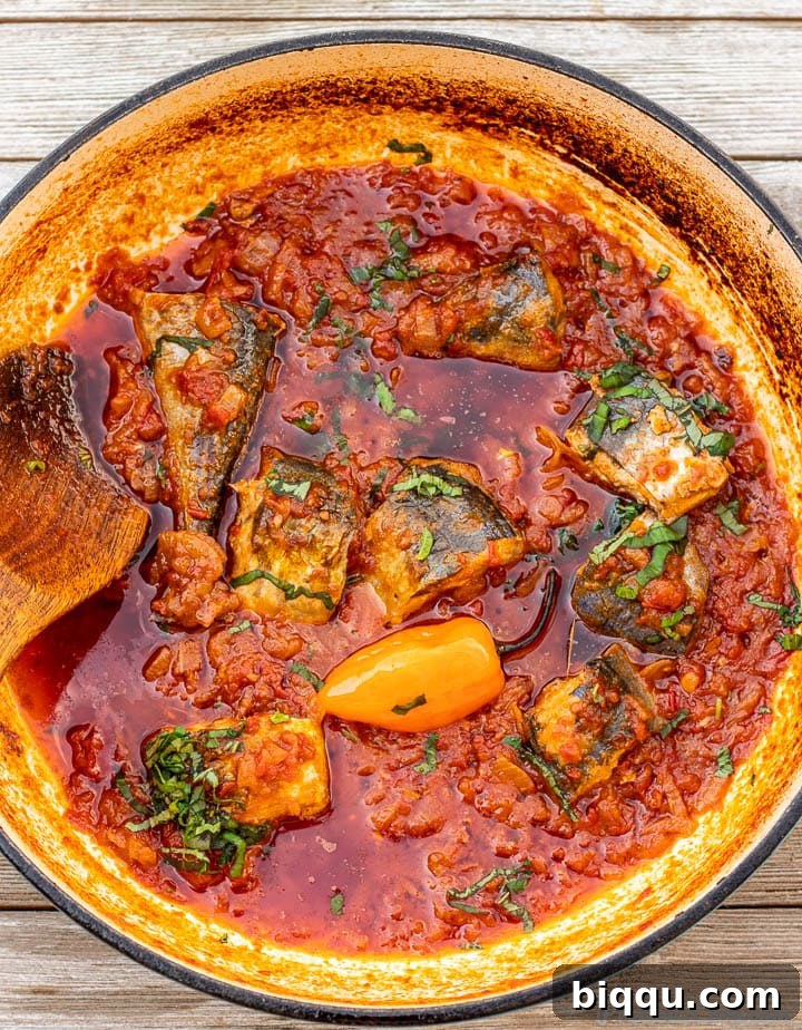 Tomato based fish stew in a saute pot