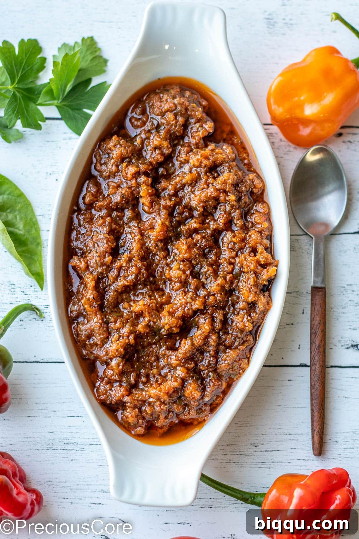 African Pepper Sauce in white small serving dish.