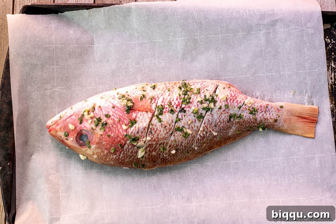 Golden Oven Grilled Whole Red Snapper 7 Whole red snapper fully coated with the vibrant herb marinade, ready for cooking