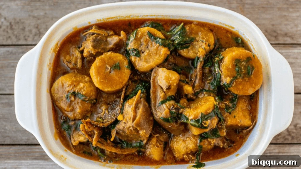 Close-up of a bowl of Sese Plantain, highlighting the ingredients and texture