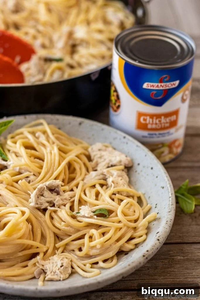 creamy spaghetti and chicken dinner in a bowl, ready to serve