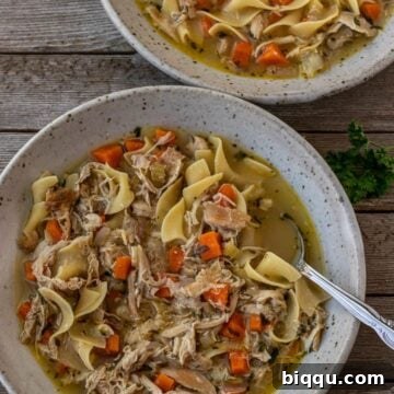 Close-up of a serving of Quick Chicken Noodle Soup in a bowl, showing the noodles, shredded chicken, and vegetables