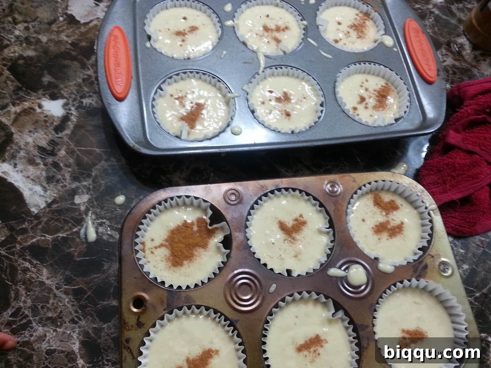 Banana cake batter topped with cinnamon.