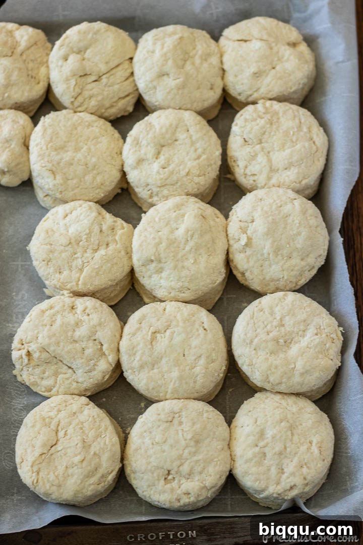 Biscuit dough with visible flecks of butter and cream cheese, ready to be cut and baked.