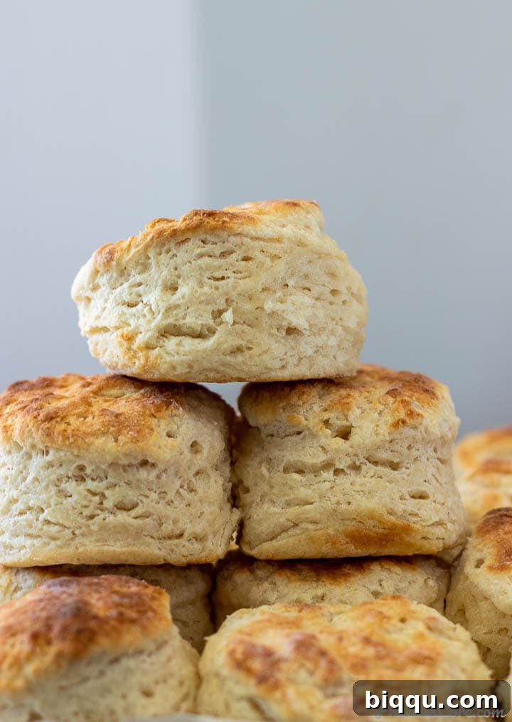 A stack of golden-brown cream cheese biscuits, showcasing their fluffy texture.