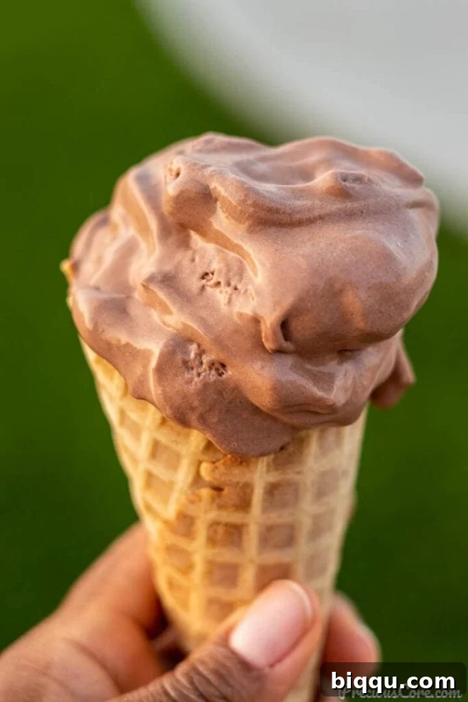 Hand holding a cone of rich, homemade chocolate ice cream against a bright background