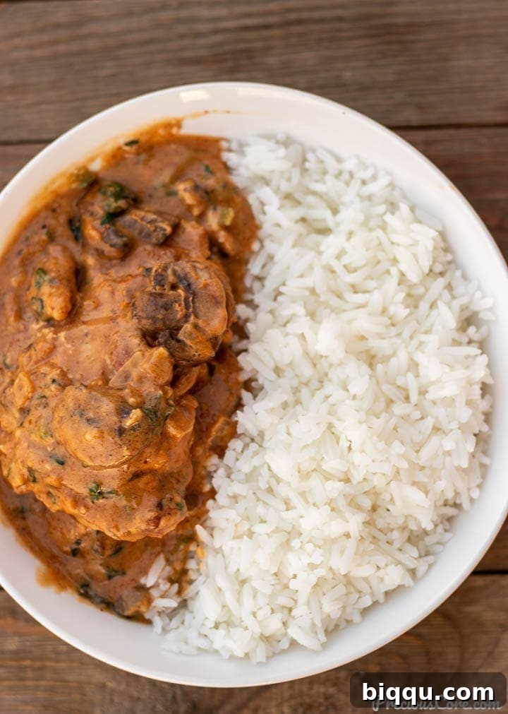 African chicken peanut stew and rice in bowl, showcasing its rich texture and color.