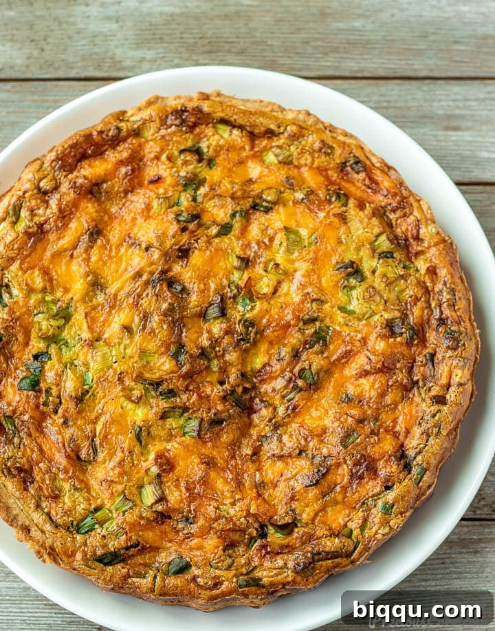 Deliciously Simple Quiche 3 A close-up of a golden-brown Easy Quiche on a plate, highlighting its texture and inviting appearance.