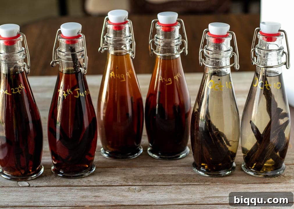 Three different bottles of homemade vanilla extract, showing varying stages or types of extract