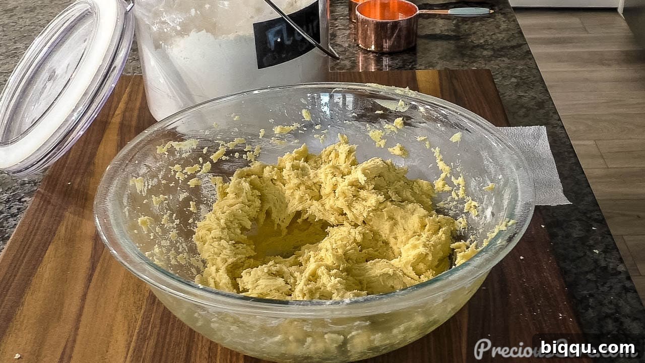 Close-up of butter cookie dough in a mixing bowl, showing its smooth and pliable texture.