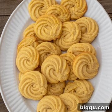 Danish Butter Cookies on a serving platter, showcasing their golden color and perfect texture.