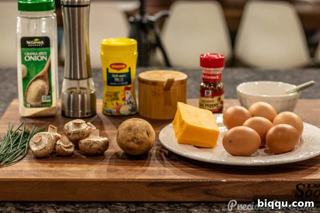 A collection of fresh, vibrant ingredients for Potato Frittata, neatly arranged on a wooden chopping board, ready for preparation.