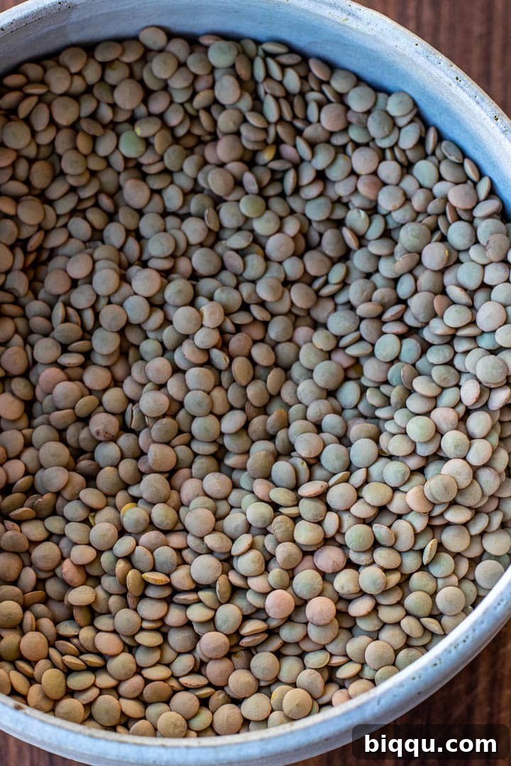 A bowl of vibrant green lentils, ready for cooking into a delicious stew.
