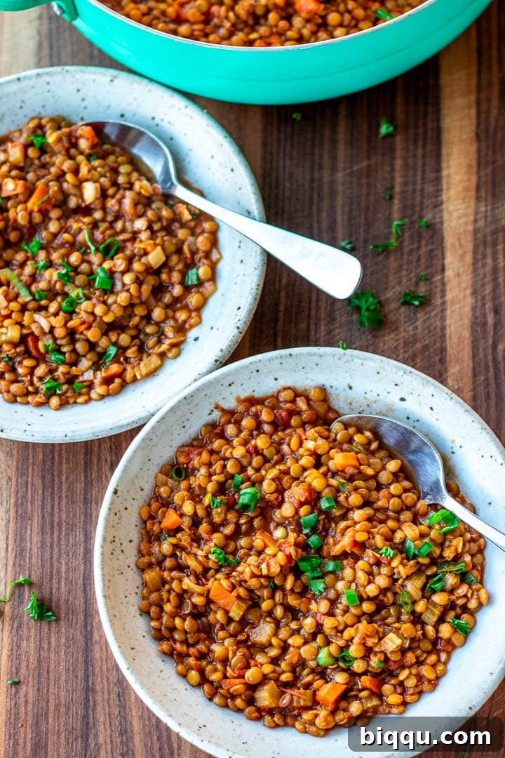 Two bowls of Lentil Stew, garnished beautifully and ready to be enjoyed.