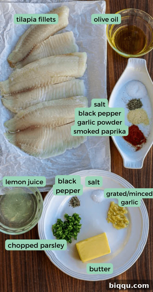 Collection of fresh ingredients for tilapia with lemon butter arranged neatly on a wooden table.