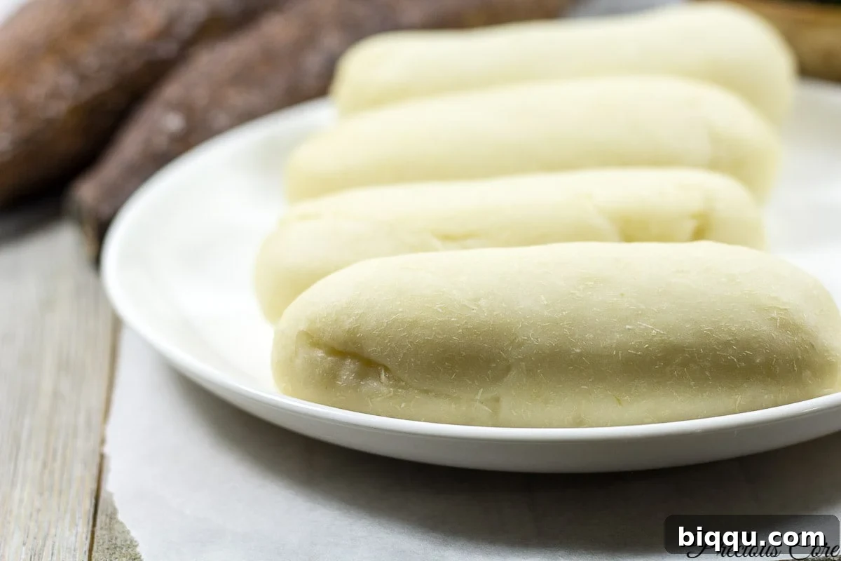 Water fufu on a plate, a traditional African staple.