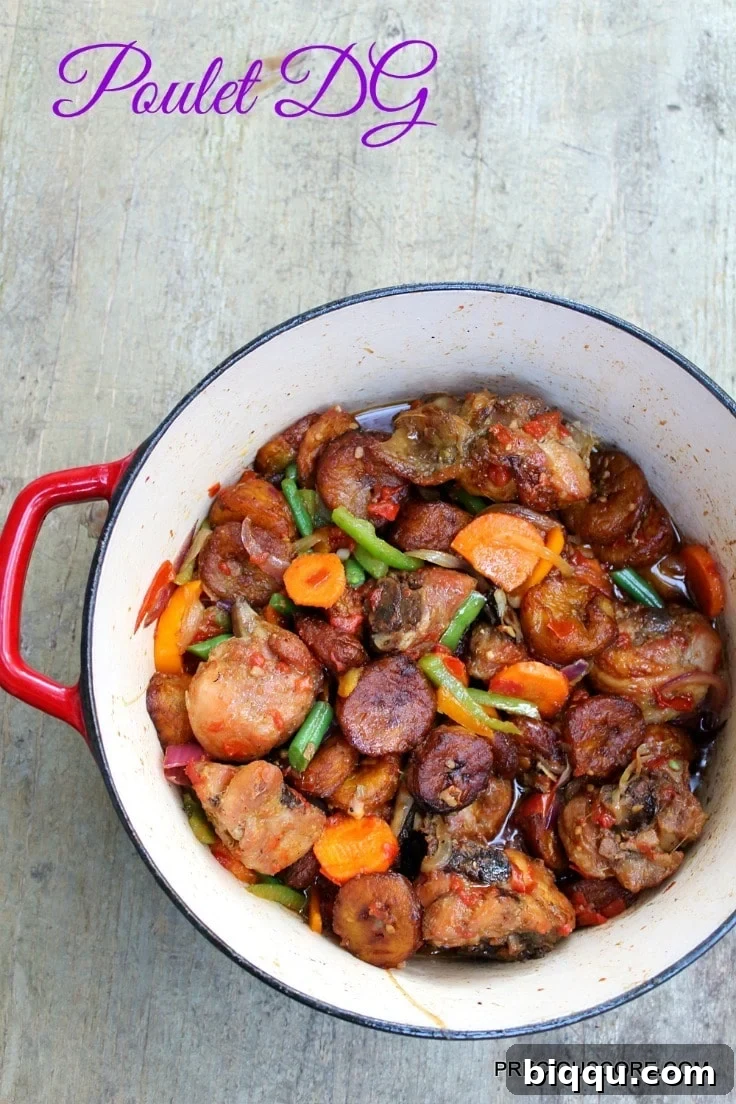 Poulet DG, a delicious Central African chicken and plantain dish, in a pot.