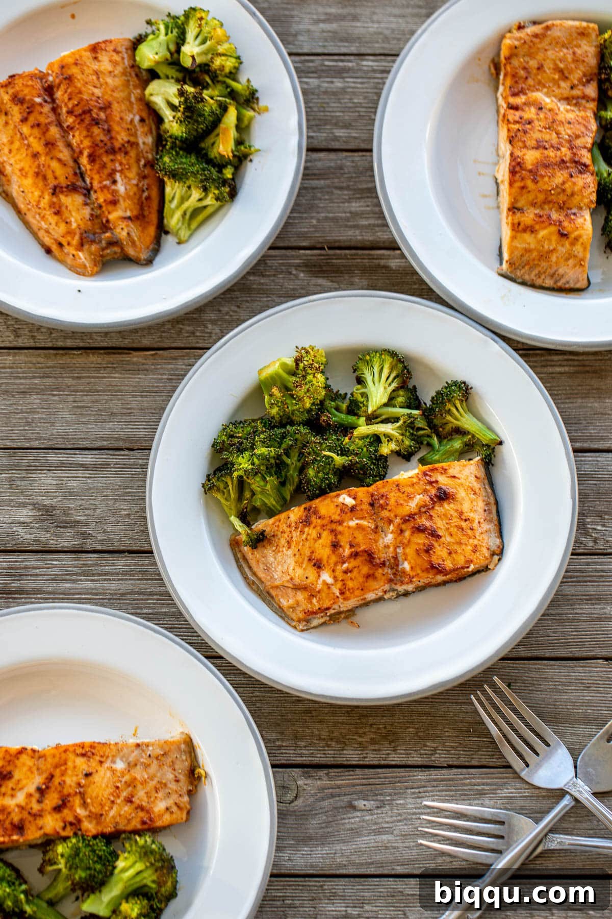 Three different plates showcasing the versatility of salmon and broccoli presentation