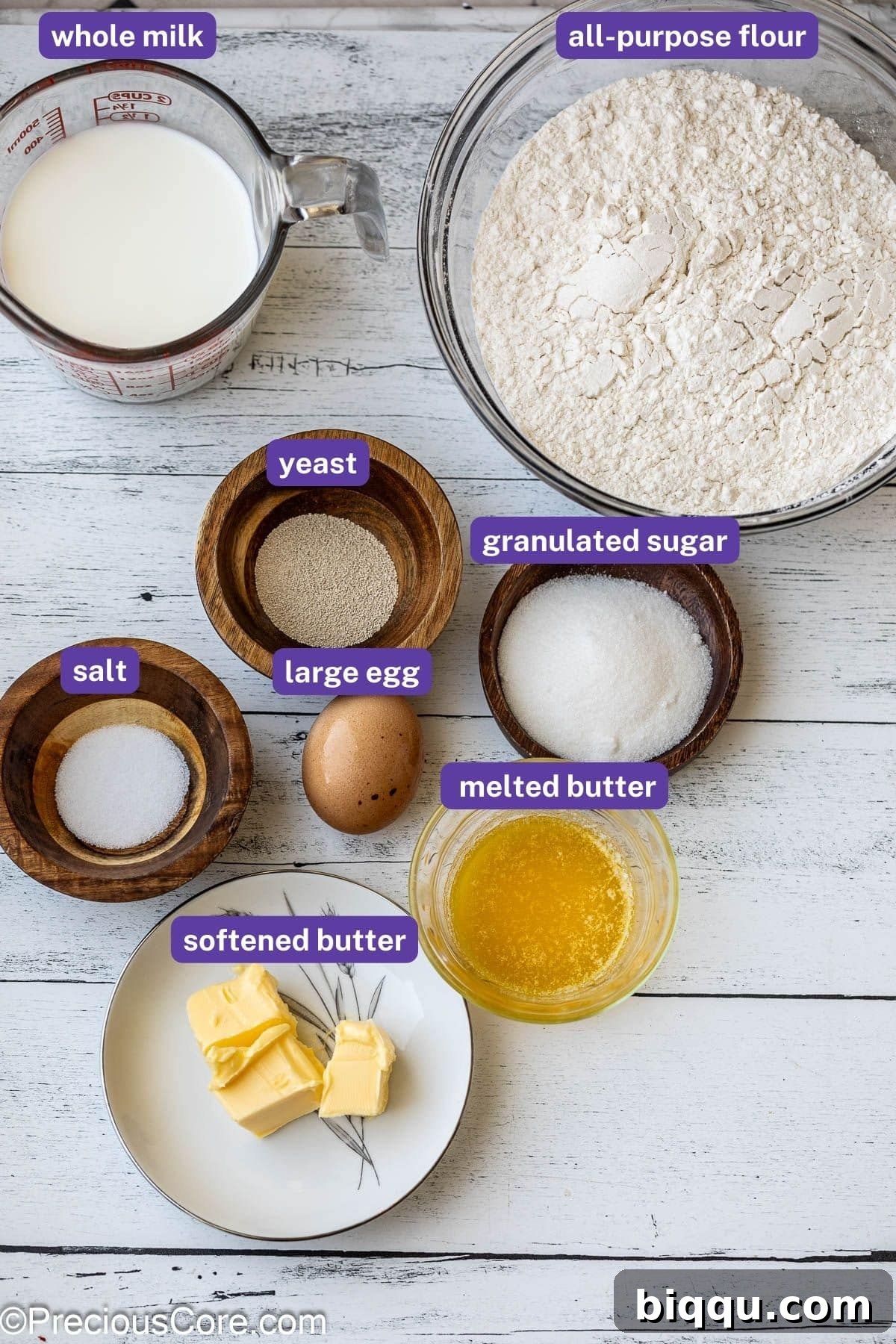 Cinnamon roll dough ingredients.
