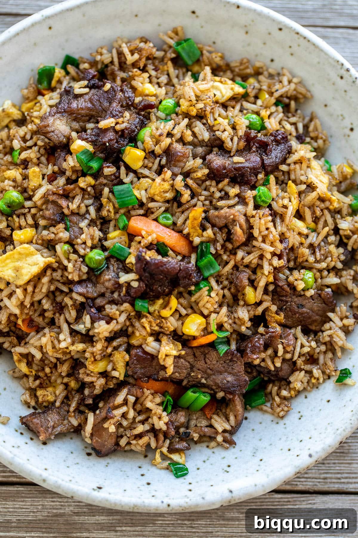 A vibrant bowl of homemade steak fried rice, garnished with green onions.