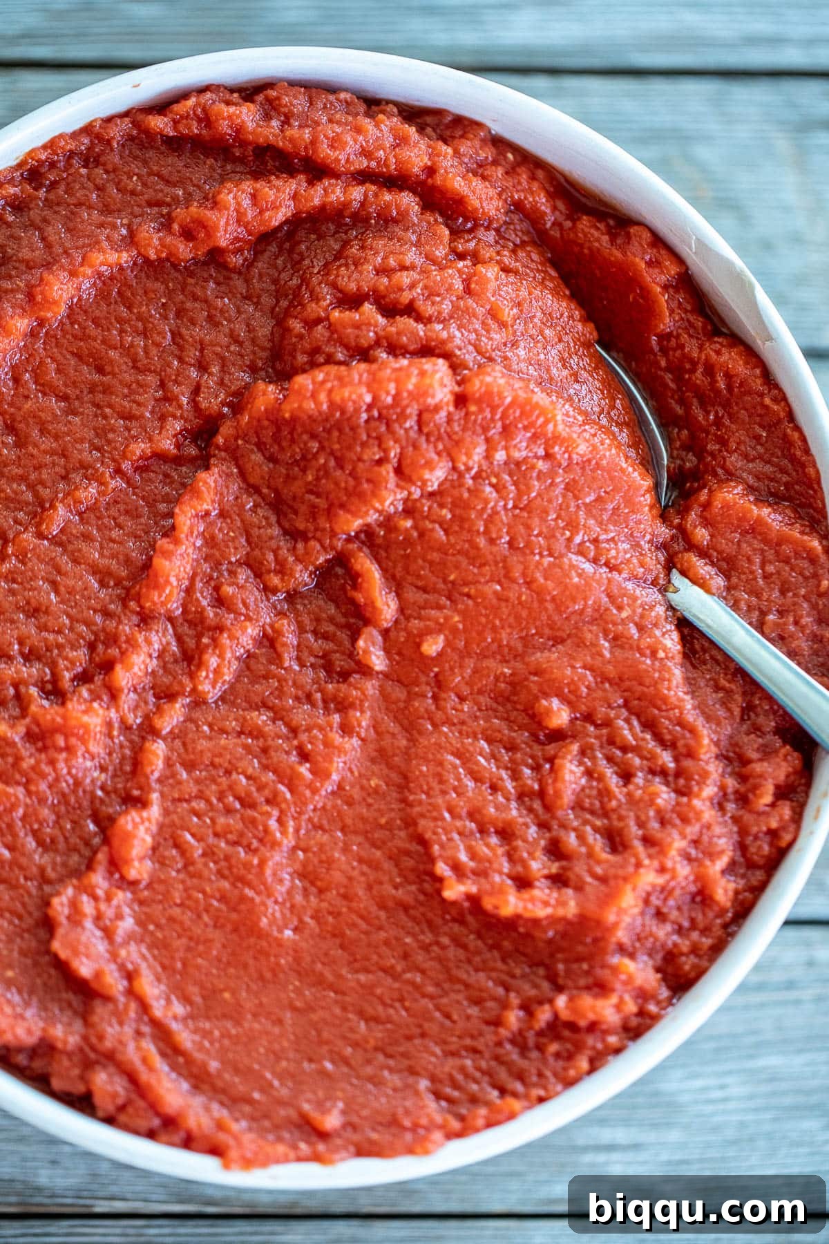 Big bowl of rich red homemade tomato paste