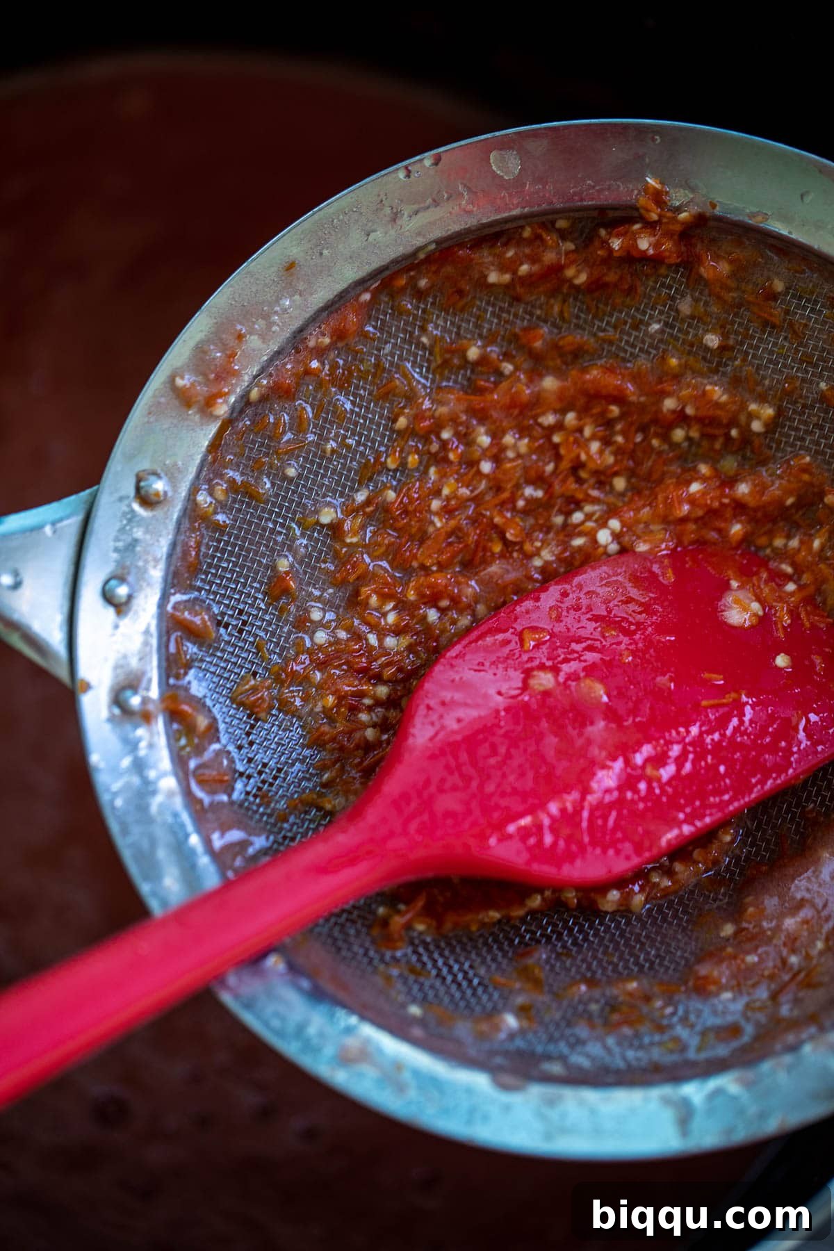 Tomato seeds and pulp collected in a fine mesh sieve after straining