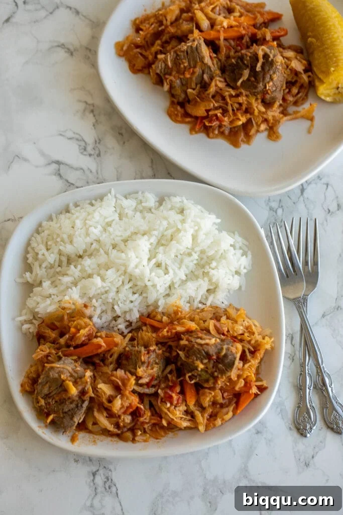 Cabbage Stew served with rice and plantains