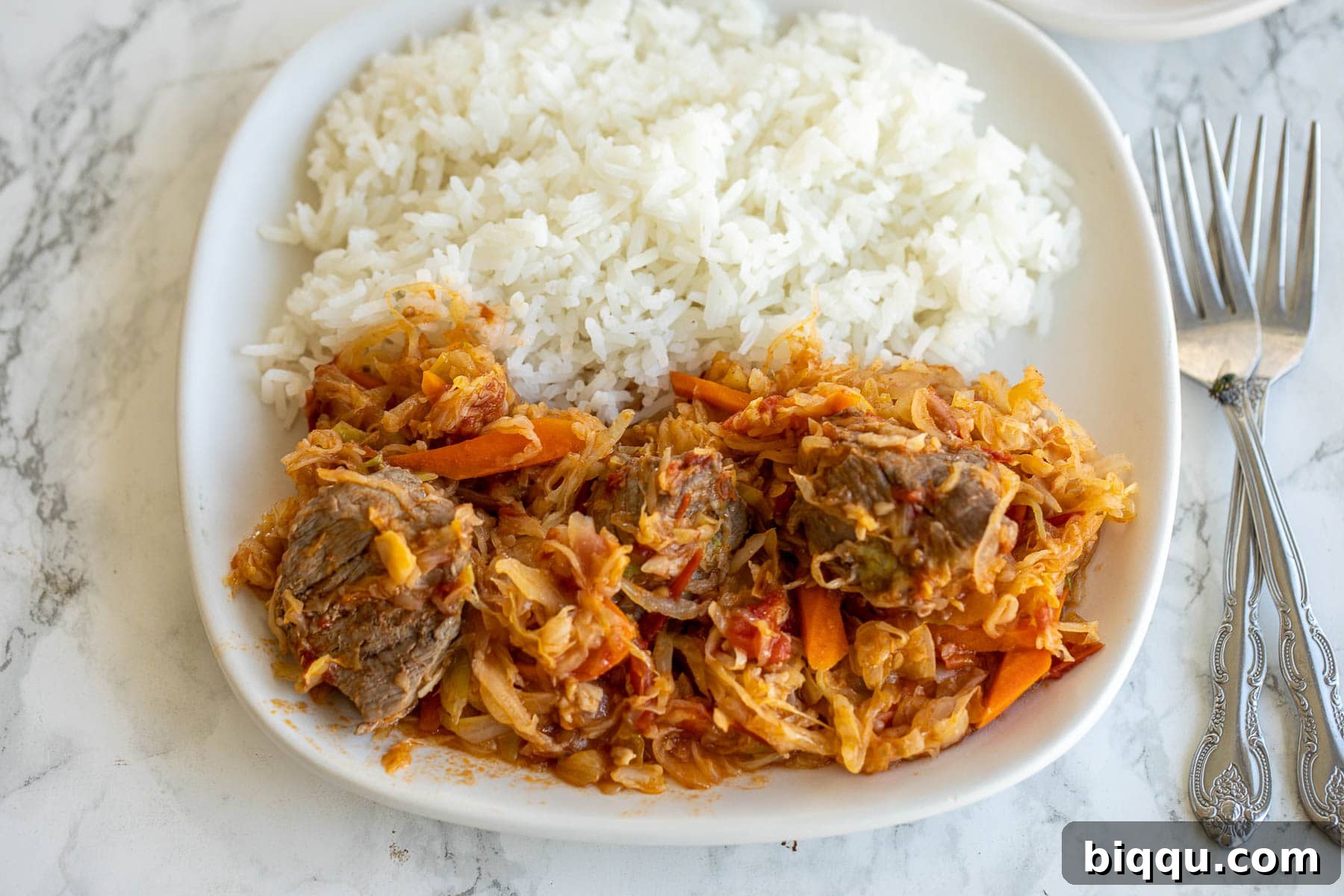 A plate featuring a generous portion of Cabbage and Beef Stew, accompanied by fluffy white rice, highlighting its appeal as a complete meal.