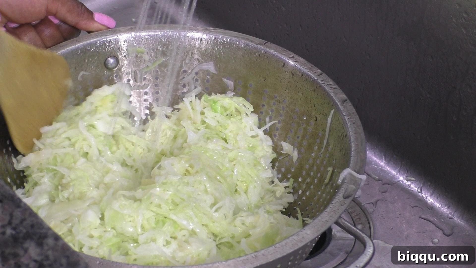 Cabbage rinsing in colander