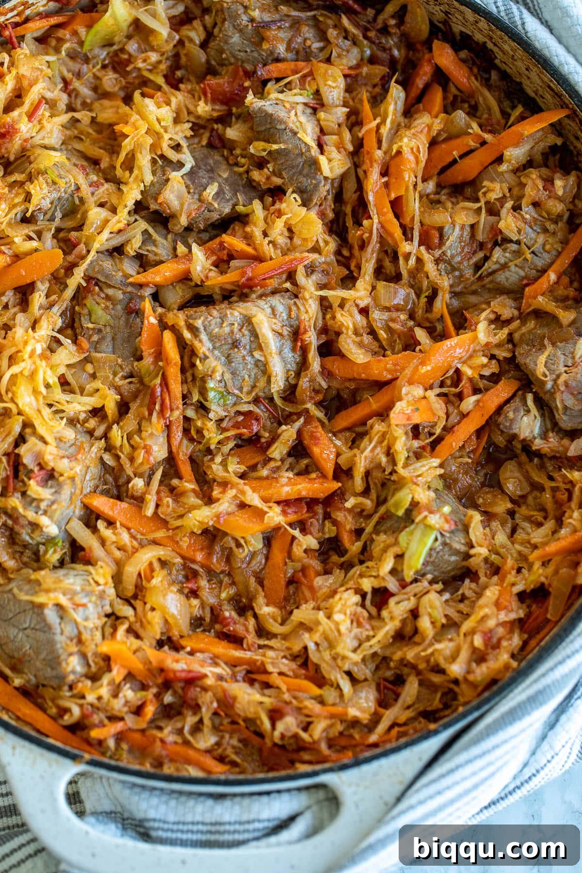 A large pot brimming with the finished Cabbage and Beef Stew, steam gently rising, highlighting its rich color and inviting texture.