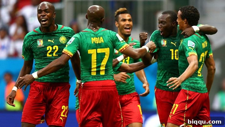 Cameroon national football team celebrating a victory.