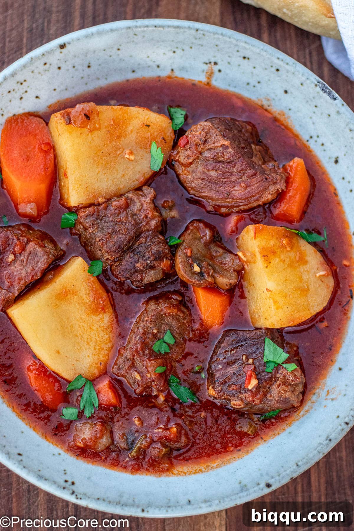 Hearty Beef Stew 2 Beef Stew Without Wine in a bowl, showcasing its rich texture and tender ingredients.