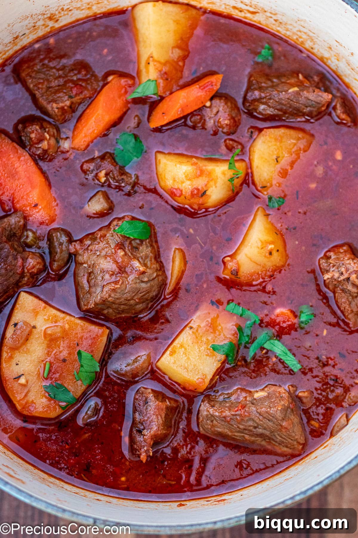Hearty Beef Stew 12 Completely cooked beef stew without wine, ready to be garnished and served.