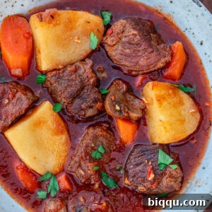 Square picture for beef stew without wine, emphasizing its hearty appeal.