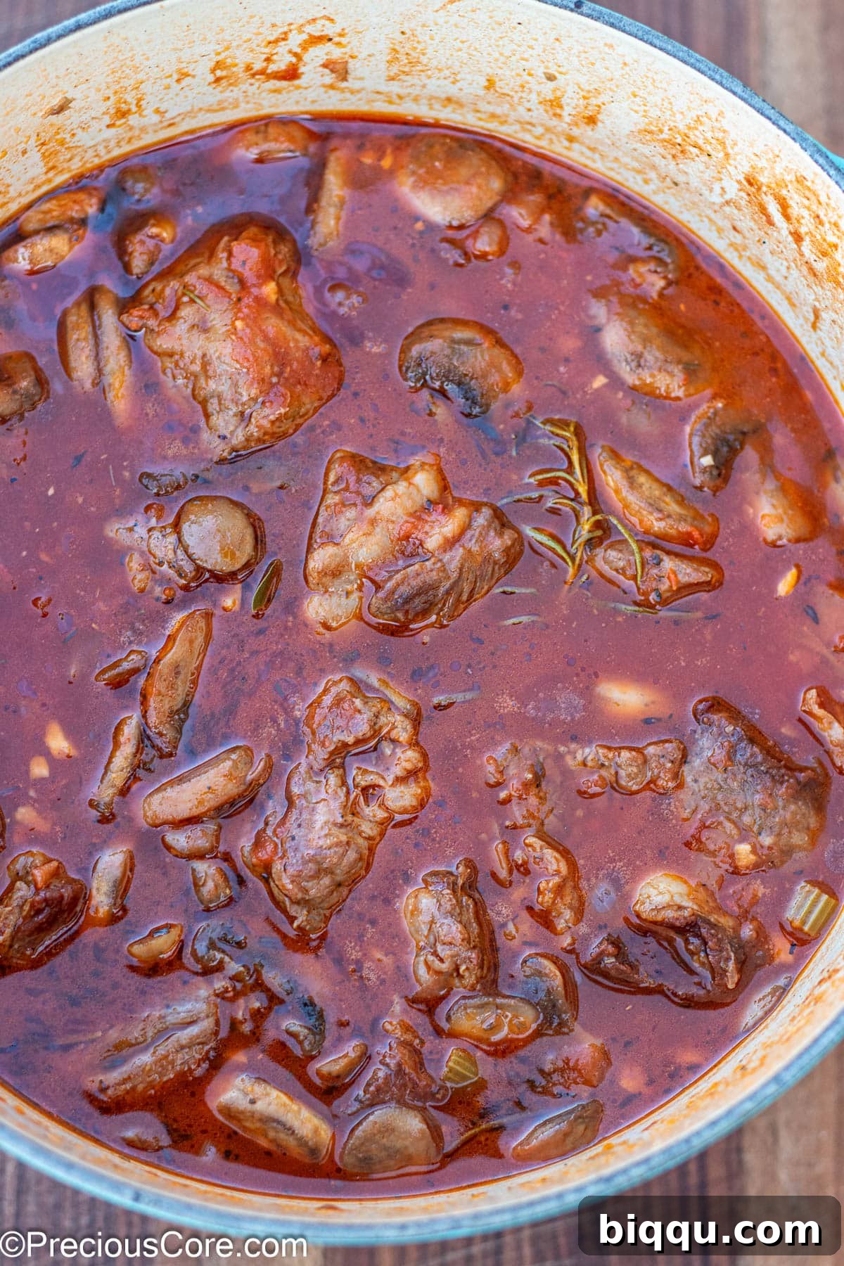 Hearty Beef Stew 10 Cooked beef stew without carrots and potatoes, showing the rich sauce.