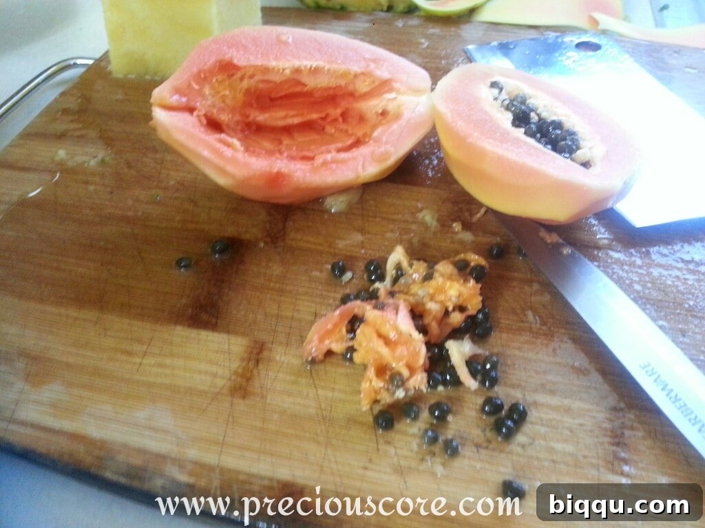 Papaya cut in half with seeds removed