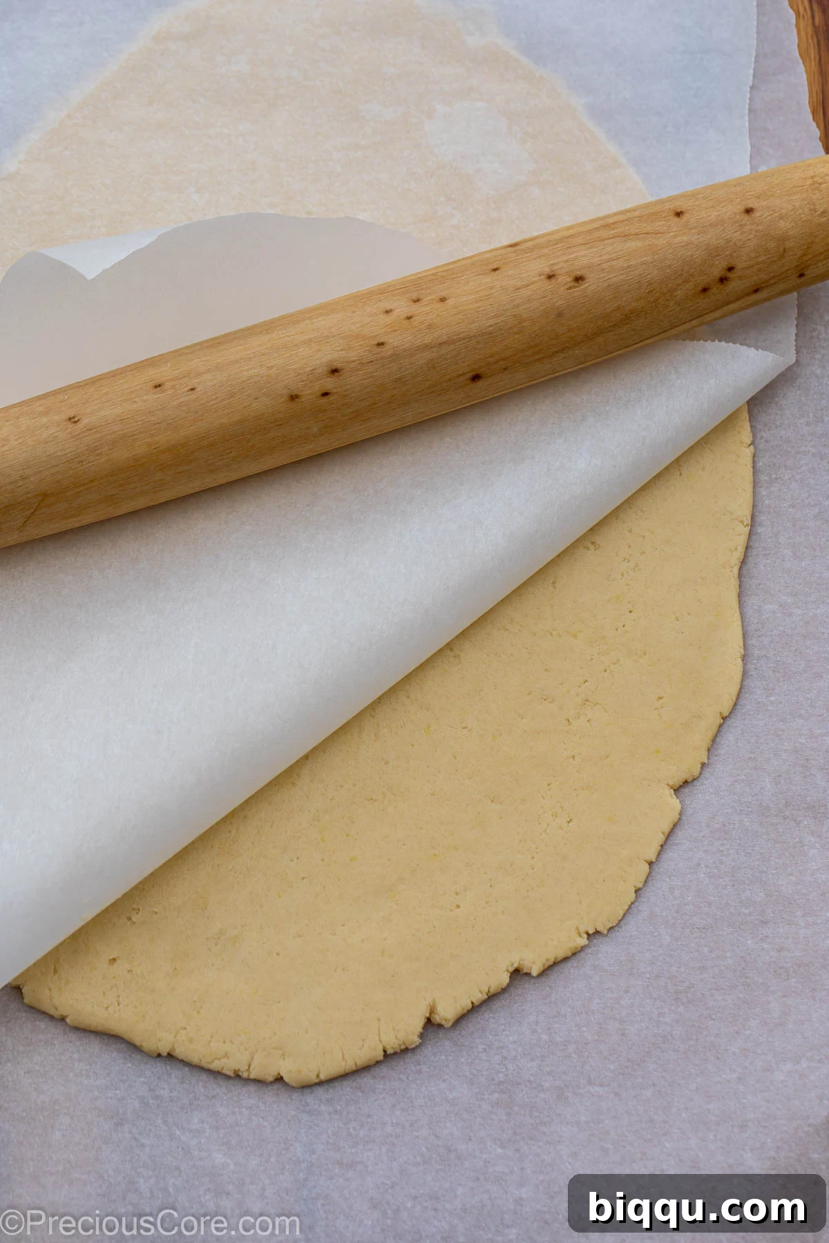 Cookie dough rolled evenly to a quarter-inch thickness between two sheets of parchment paper.