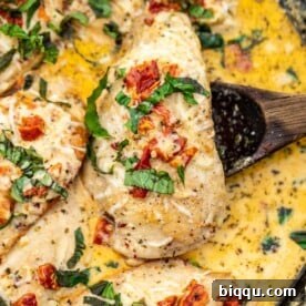 A wooden spoon lifting a piece of tender chicken breast immersed in a creamy, golden sauce, showcasing the rich texture of Marry Me Chicken.