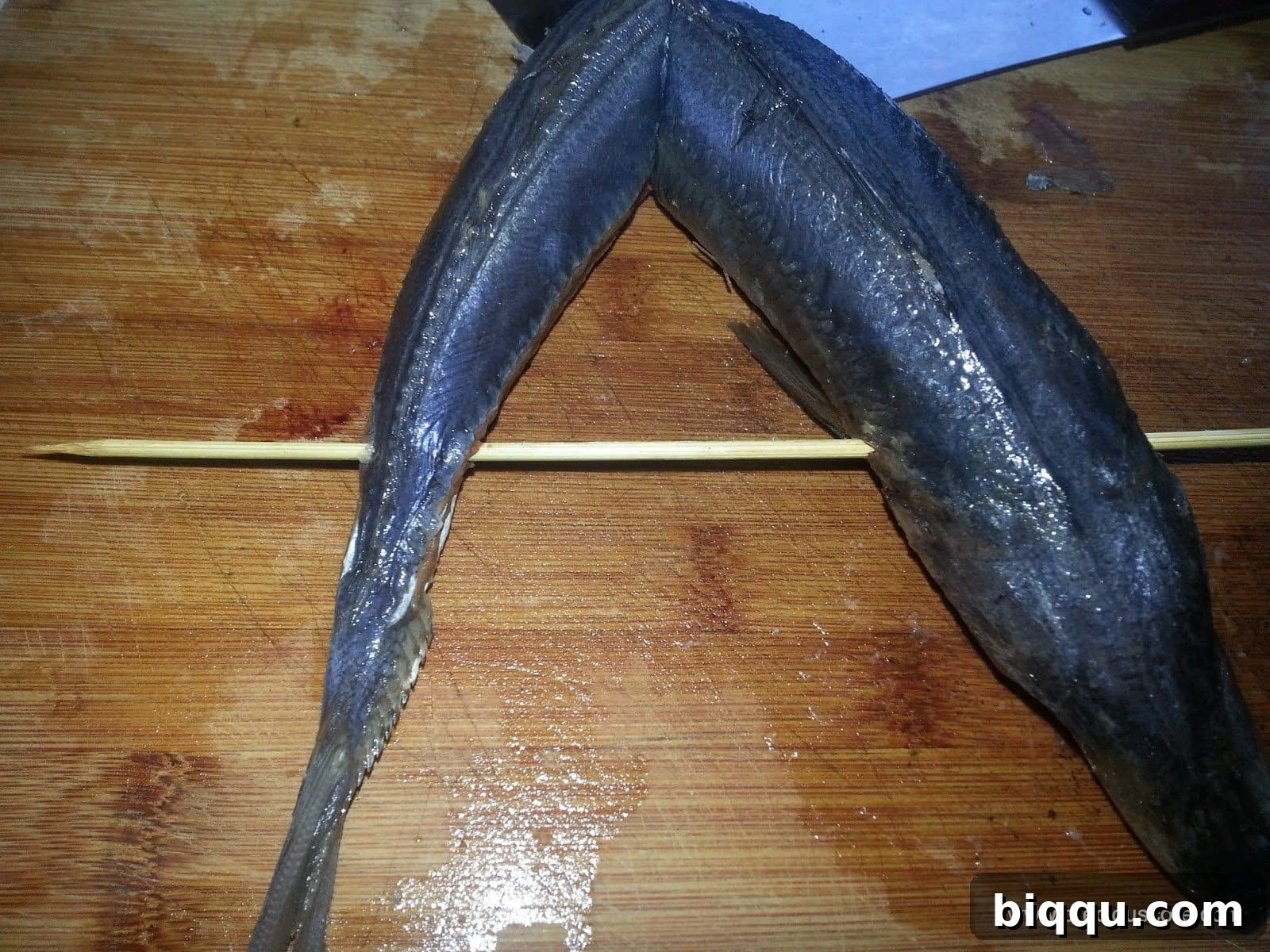 Fish seasoned with salt and pierced with a bamboo skewer.