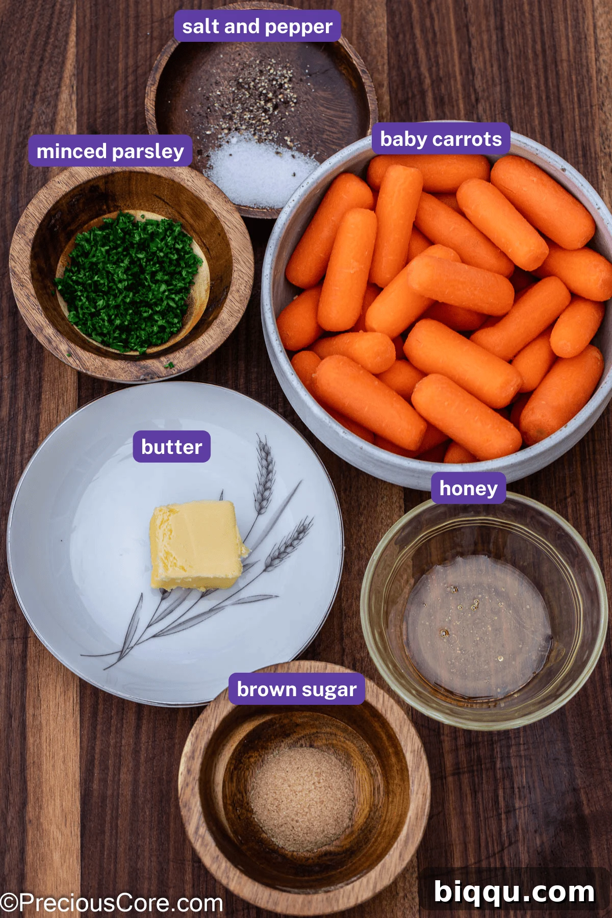 A layout of all the brown sugar honey glazed carrots ingredients with clear labels.