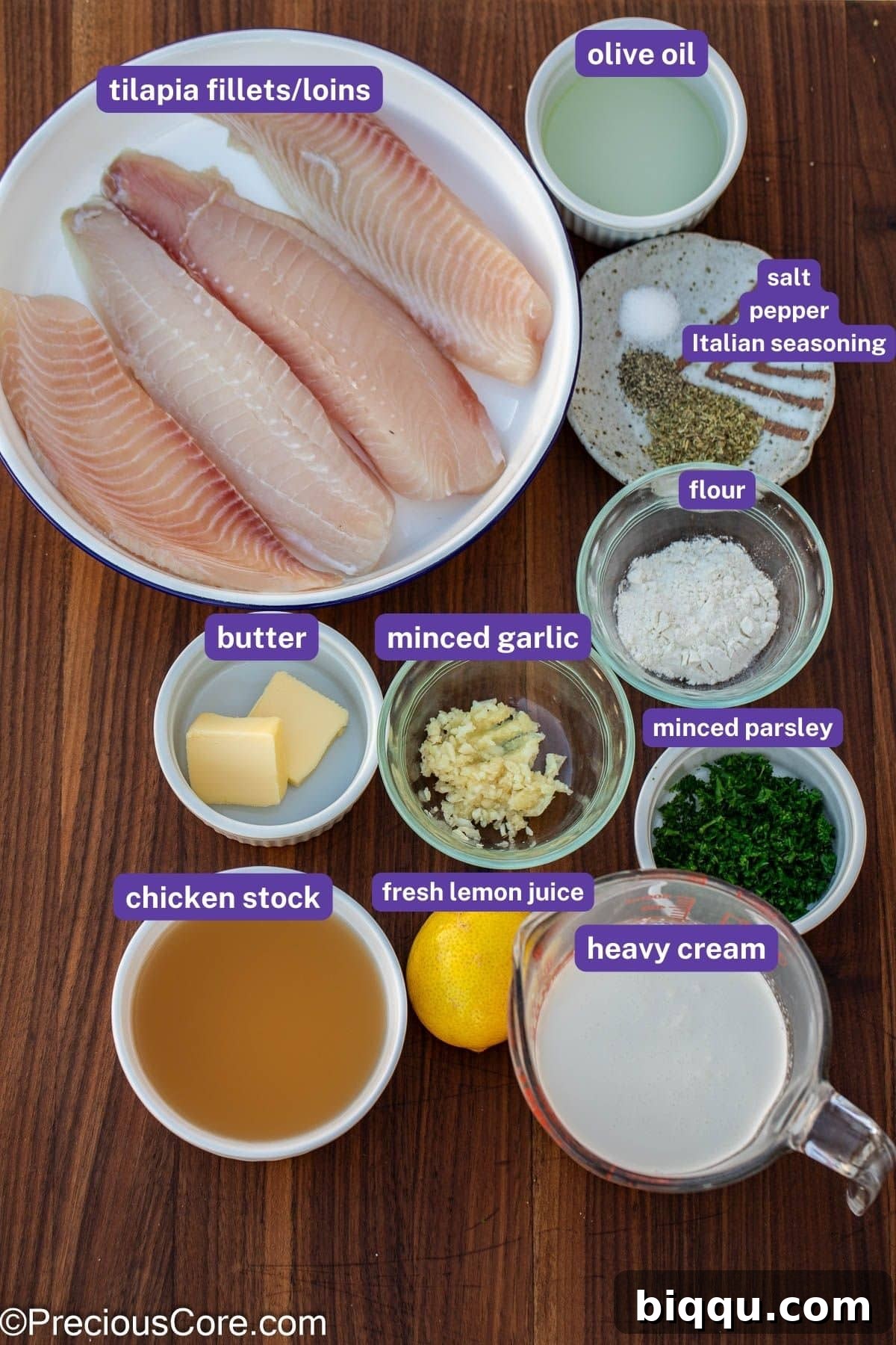 Silken Fish Delight 4 Individual ingredients for fish in white sauce, neatly measured and arranged on a counter.