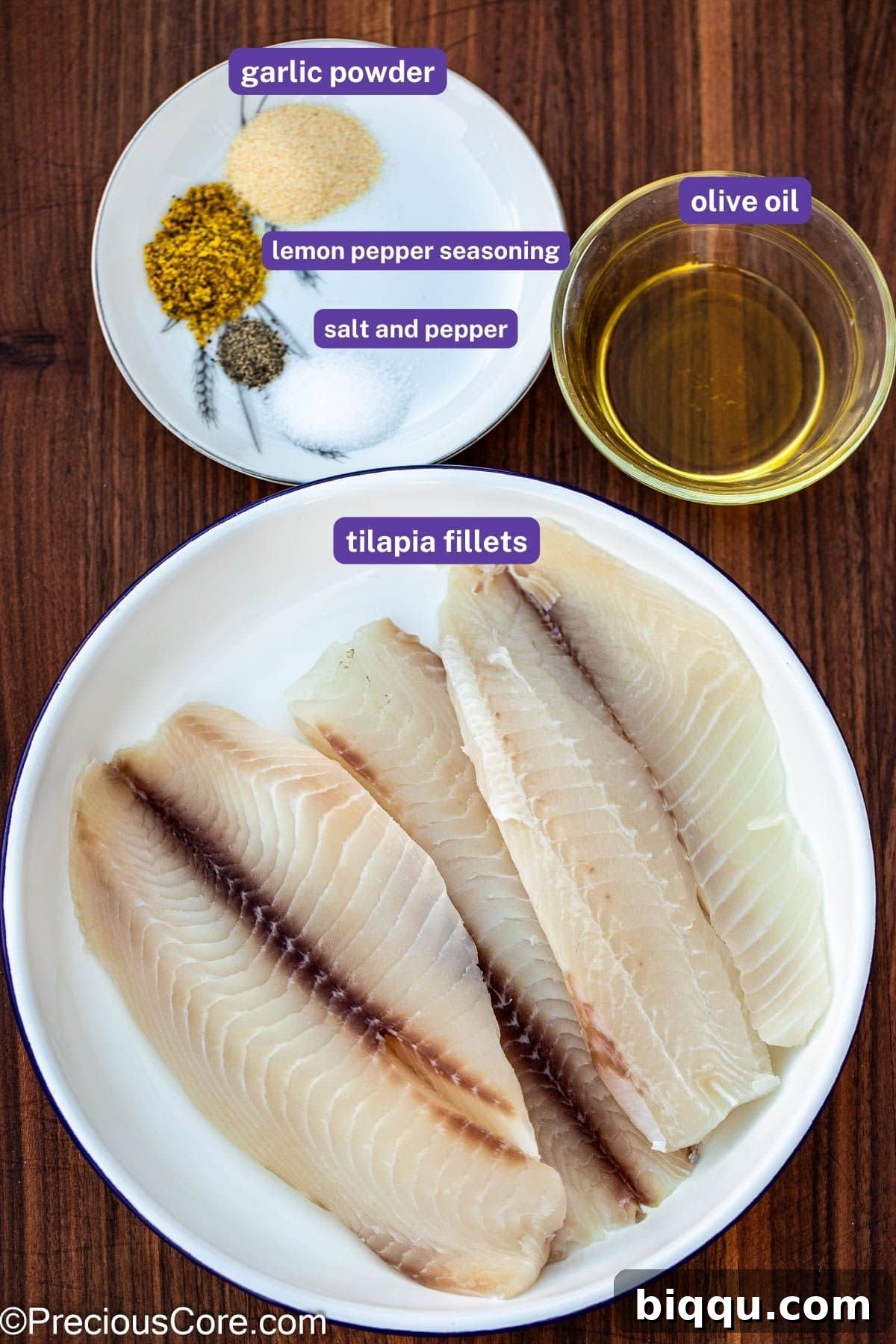 Ingredients for lemon pepper fish with labels on them.