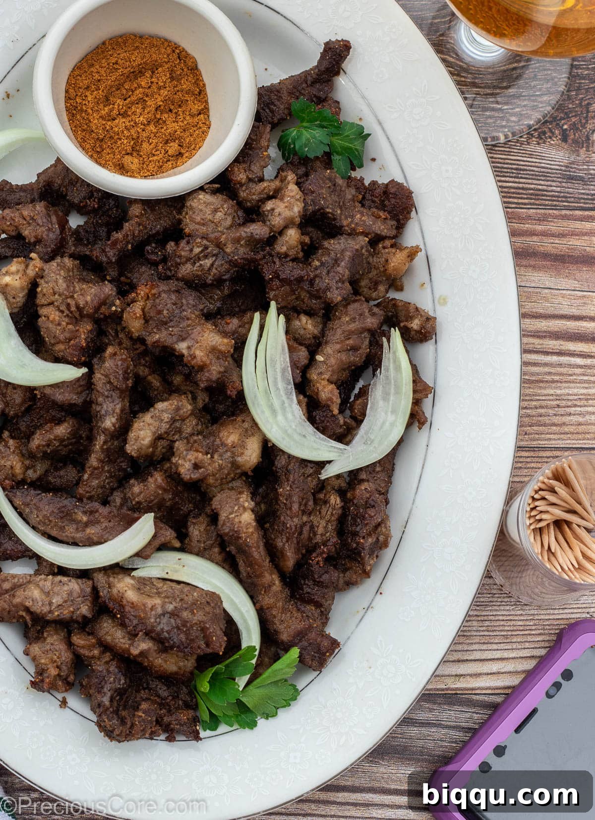Bite size pieces of Cameroonian soya on a platter.