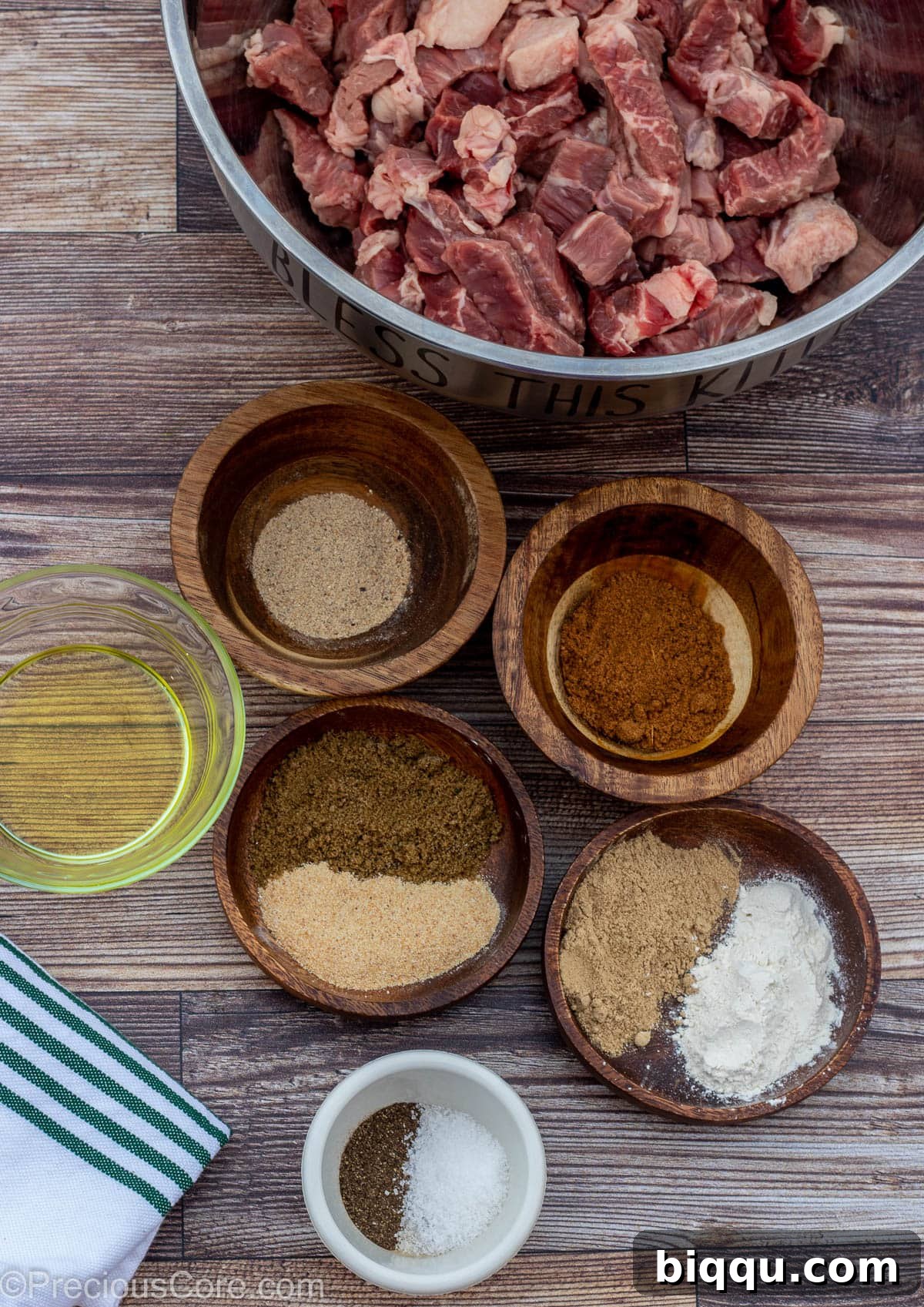Ingredients for Cameroonian Soya on a brown board.