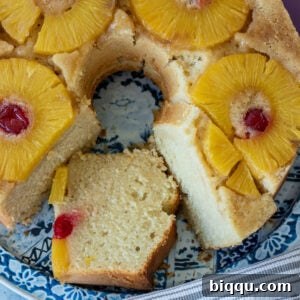 A close-up square image of the glorious Pineapple Upside Down Pound Cake, showcasing its topping.