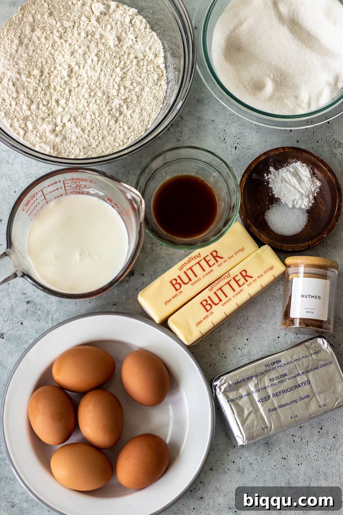 All the essential ingredients neatly laid out for the Pineapple Upside Down Pound Cake Batter.